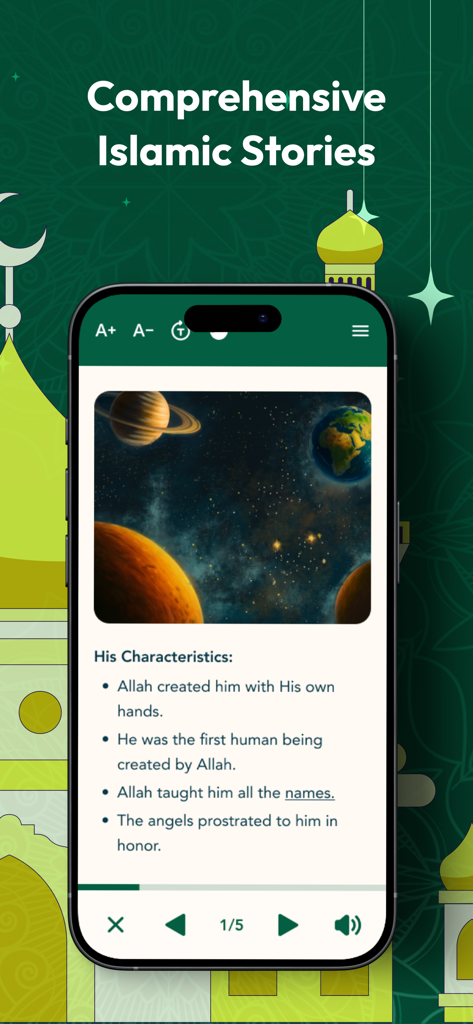 Prophet's Stories (PBUT) - Una interfaz móvil que muestra una historia islámica sobre la creación del primer ser humano con una ilustración del espacio y texto descriptivo.