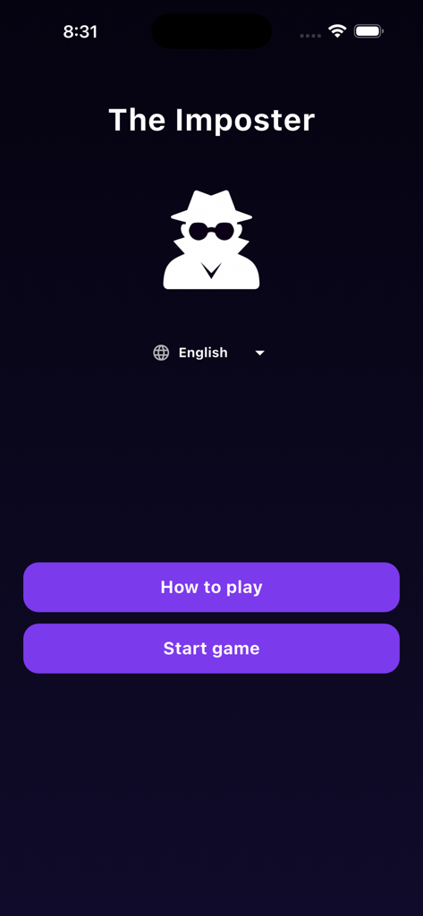 Menu principale dell'app del gioco di società The Imposter che mostra i pulsanti Avvia gioco e Come giocare.
