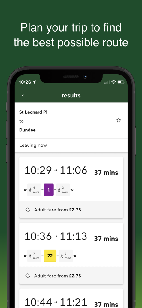Xplore Dundee - The journey planning screen of the Xplore Dundee app showing bus routes and arrival times.