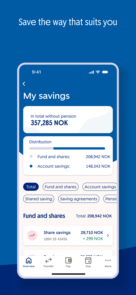 SpareBank 1 Mobilbank - Interface of the SpareBank 1 Mobilbank app showing the My Savings screen with total balance and fund distribution