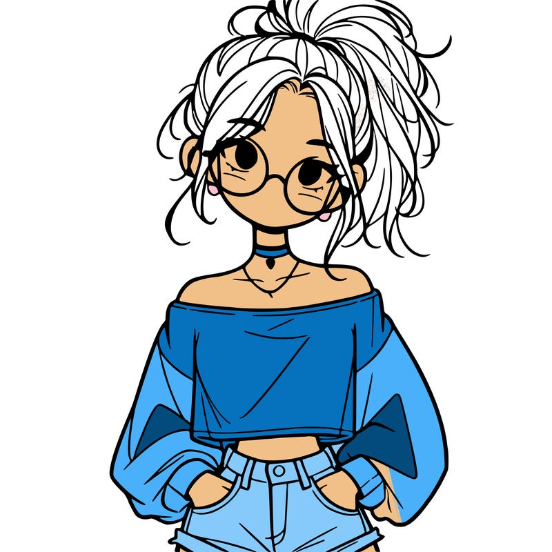 girl with a messy ponytail glasses a baggy crop top and jean shorts