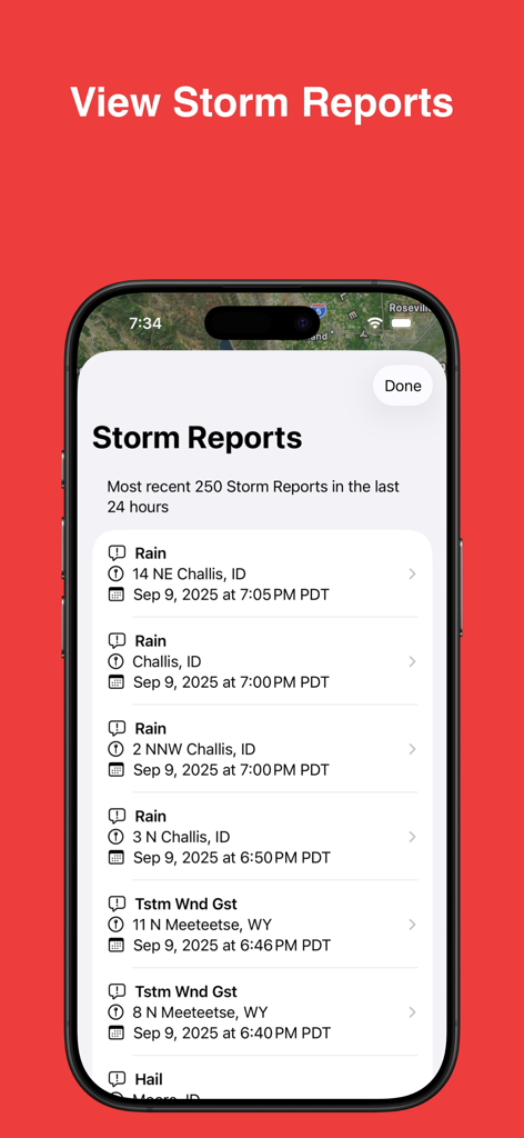 WeatherAI - Forecast & Radar - Una captura de pantalla de la aplicación WeatherAI que muestra una lista detallada de informes recientes de tormentas por lluvia, viento y granizo
