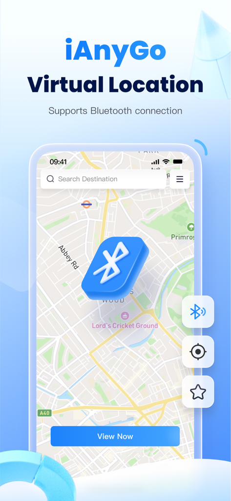 iAnyGo Virtual Location - iAnyGo Virtual Location app interface with map and bluetooth connection support