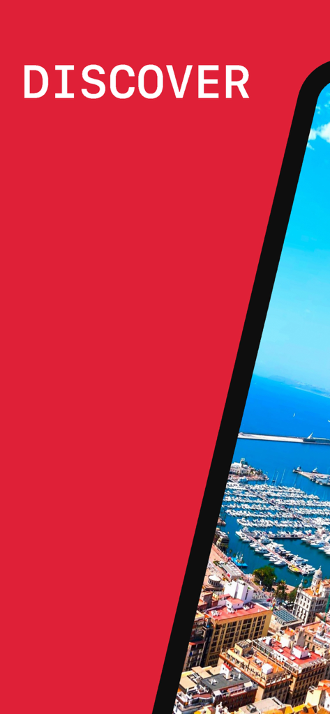 Alicante travel guide app discover screen featuring an aerial view of the city harbor and boat marina.