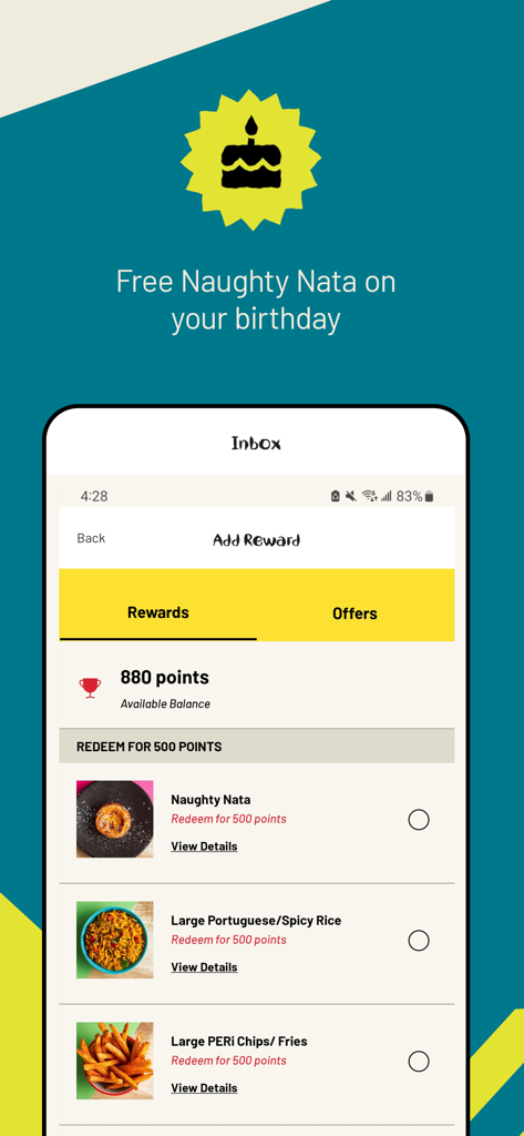 Nando's North America - Nando's North America app interface showing rewards points balance and menu items available for redemption