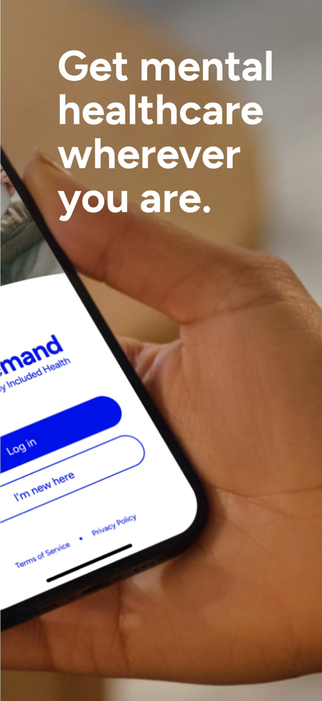 Doctor On Demand - A person holding a smartphone showing the Doctor On Demand login screen with the text Get mental healthcare wherever you are
