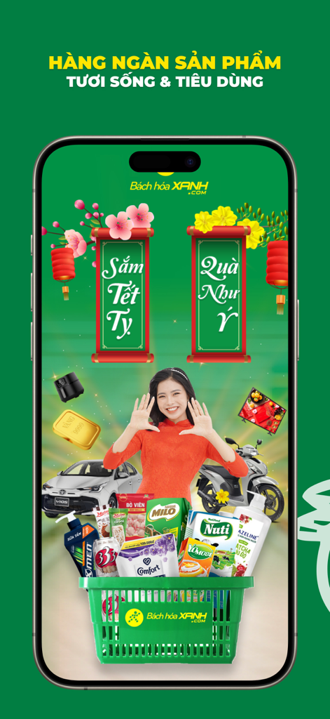 Tela do aplicativo Bách Hóa Xanh mostrando uma mulher em um vestido tradicional vermelho com uma cesta de compras e promoção de Ano Novo Lunar