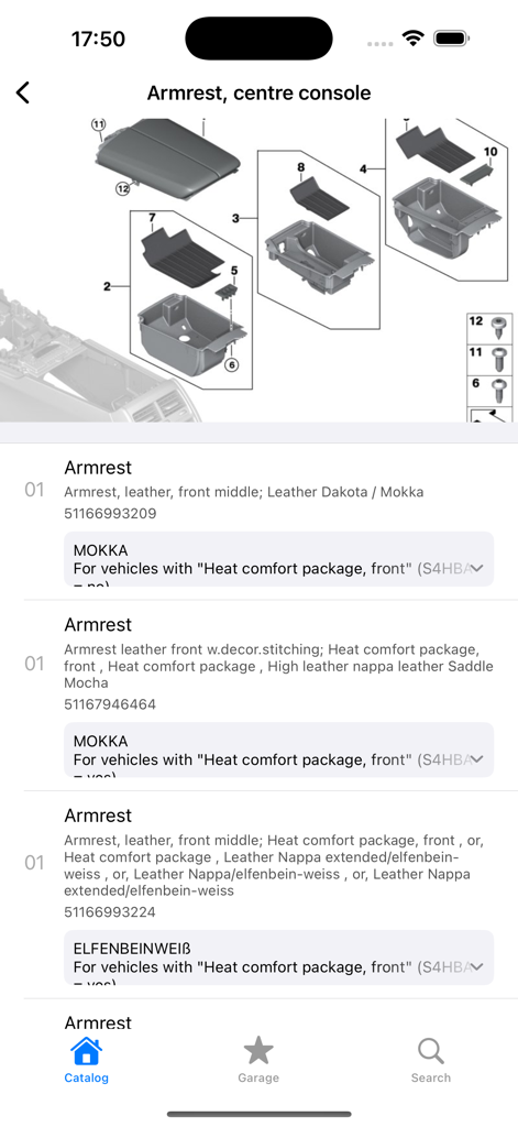 Car Parts - OEM catalogs - Technical assembly drawing and OEM part numbers for a car center console armrest