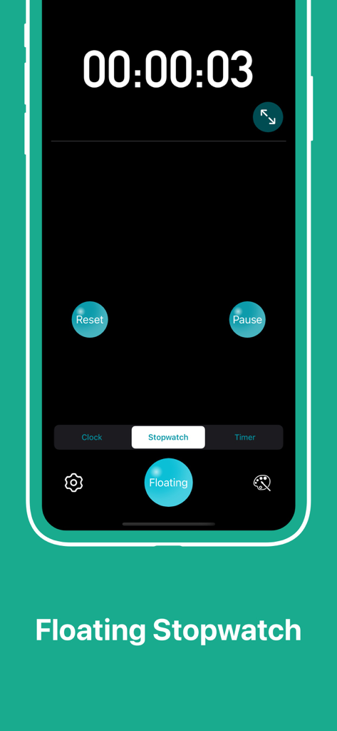 デジタルタイムディスプレイを備えたフローティングストップウォッチのモバイルアプリインターフェイス