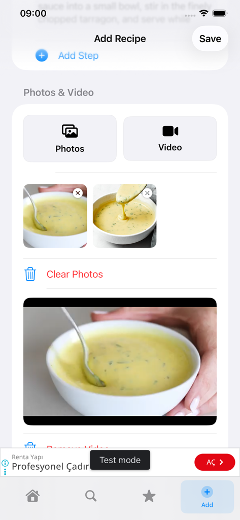 RecipeNotes – For Pro Chefs - Interfaz de la aplicación RecipeNotes mostrando opciones para subir fotos y vídeos a una receta personal.