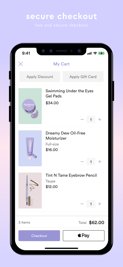 スキンケア製品とApple Payのチェックアウトオプションが表示されたflorence by millsショッピングカートのモバイル画面