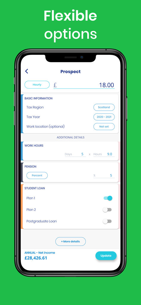 Pantalla de la aplicación Calculadora de Salario UK que muestra opciones flexibles para la región fiscal, la pensión y los préstamos estudiantiles