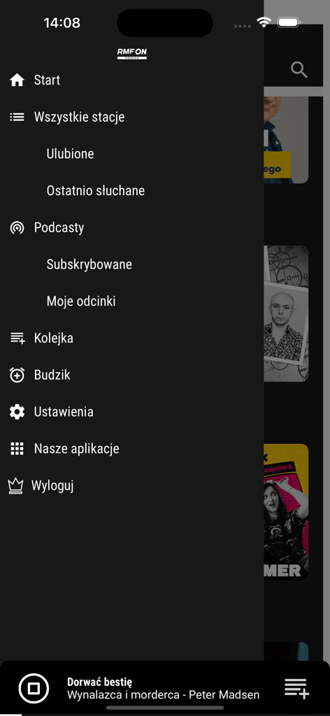 Menú de navegación lateral de la aplicación RMF ON mostrando estaciones de radio y categorías de podcasts en polaco