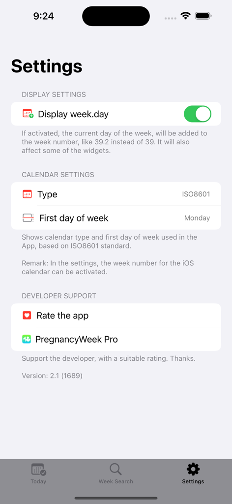 Settings screen of the Week Number Pro app showing display and calendar configuration options