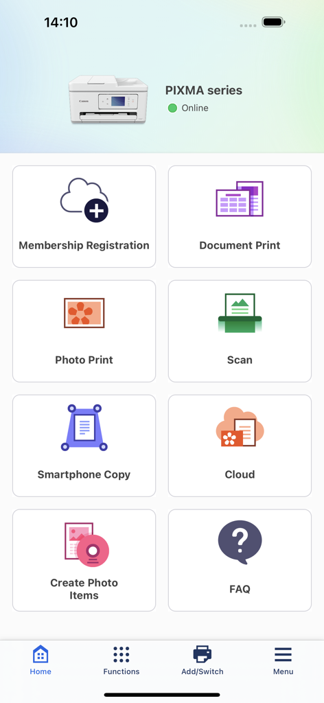 The home screen of the Canon PRINT app displaying options for document printing scanning and cloud services