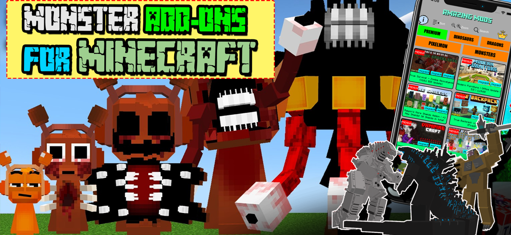 Monster Add-ons for Minecraft - Monster Add-ons for Minecraft app interface featuring monster skins and various game mods