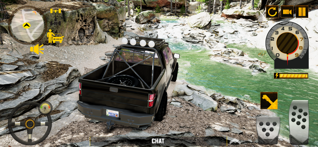 Black 4x4 pickup truck on rocky terrain near a river in Offroad Car Simulator 2024