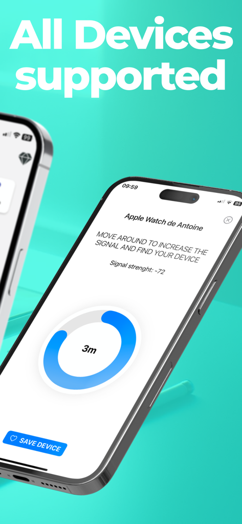 Device Detector : Find devices - A smartphone screen displaying a Bluetooth signal tracker locating a lost Apple Watch