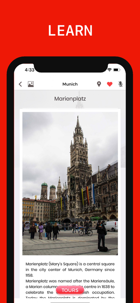 Munich Travel Guide 앱에 마리엔플라츠의 역사적 정보와 사진이 표시됨