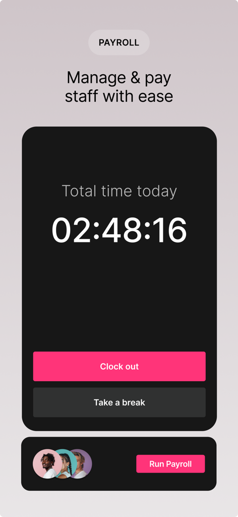 GlossGenius: Booking, Payments - 타임 클록과 뷰티 전문가를 위한 급여 실행 버튼이 포함된 GlossGenius의 급여 관리 화면