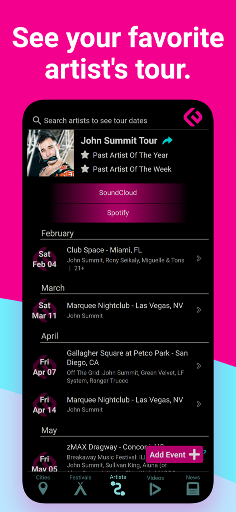 Edmtrain Concerts & Raves - Pantalla de la aplicación Edmtrain que muestra el calendario de giras de un artista de EDM con fechas y lugares de conciertos.