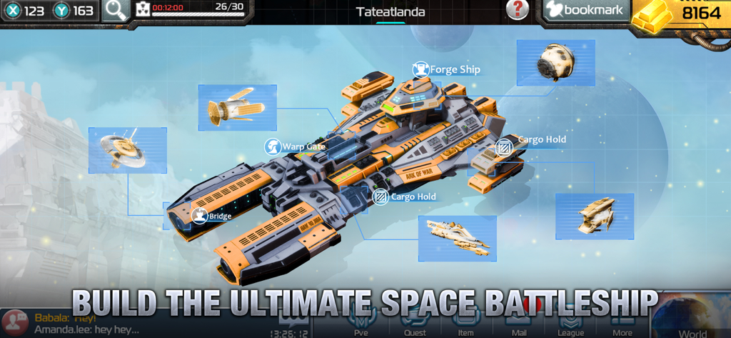 Customizable orange space battleship with labeled upgrade modules in Ark of War game.