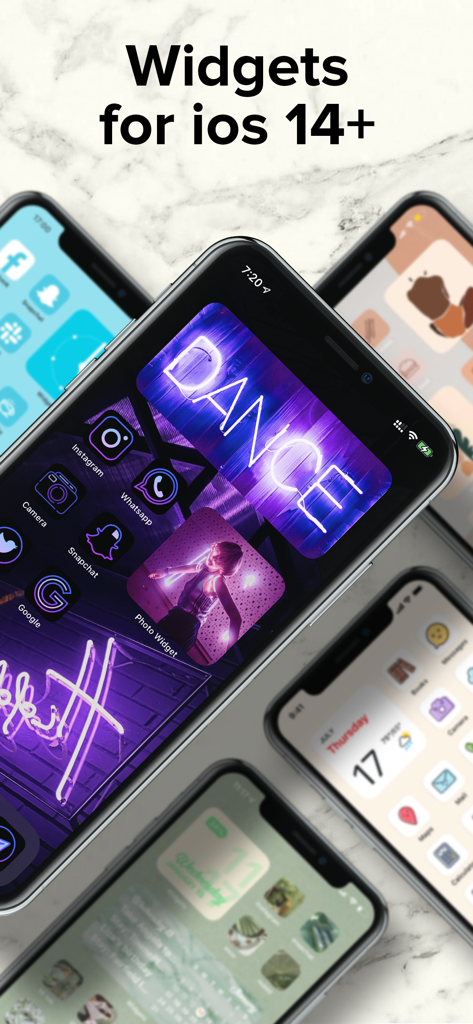 My Icon Changer - Múltiples iPhones mostrando pantallas de inicio estéticas con widgets e iconos personalizados de colores neón y suaves