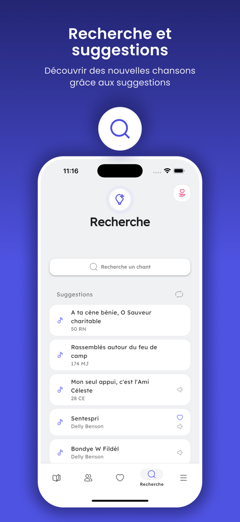 Le Chants d'Espérance - Search and suggestions screen of the Chants d'Espérance app featuring Haitian Protestant hymns in French and Creole.
