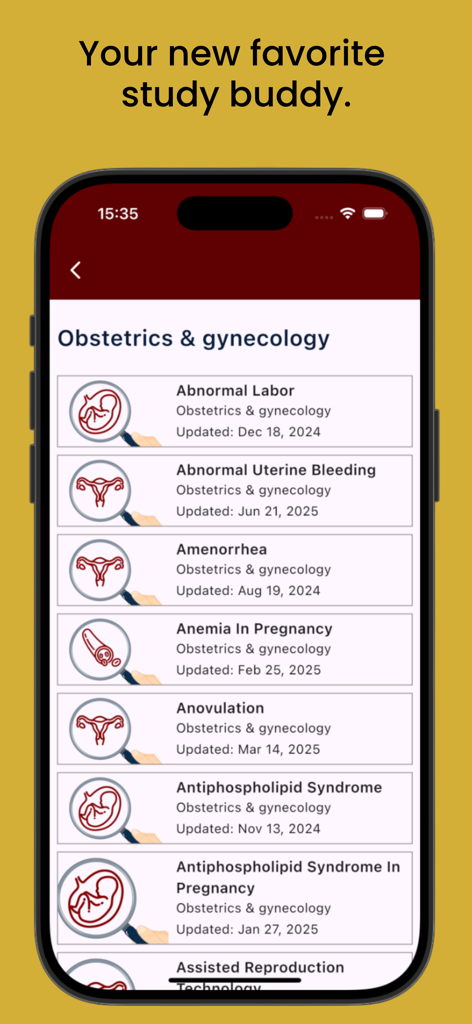 Explain Medicine - Explain Medicine app interface showing a list of obstetrics and gynecology medical conditions for clinicians and students