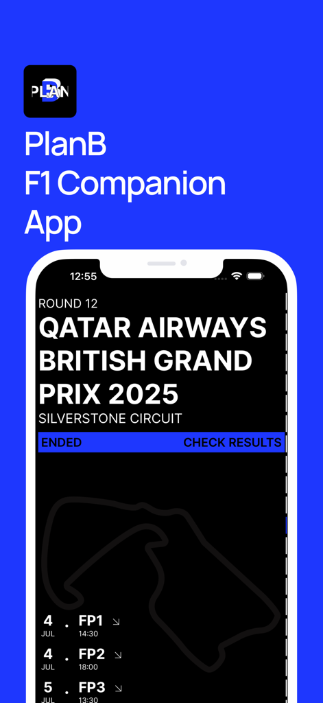 PlanB – F1 Companion 2026 - Screenshot of the PlanB F1 Companion app displaying the race schedule and session times for the British Grand Prix at Silverstone Circuit.