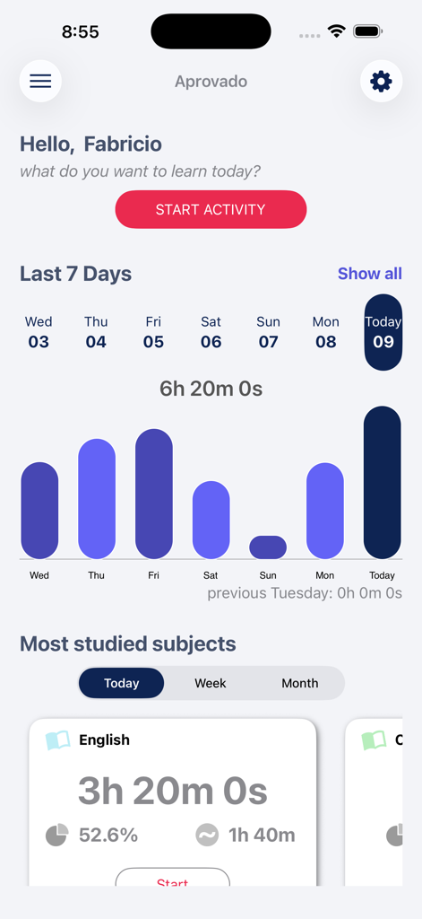 Aprovado app dashboard showing weekly study time graphs and subject progress tracking