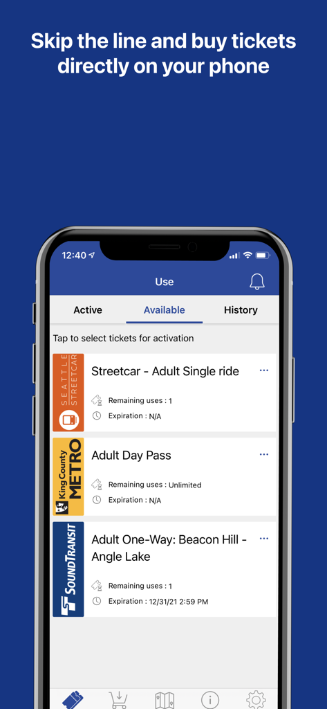 Transit GO Ticket - Transit GO Ticket app screen showing available tickets for Seattle Streetcar, King County Metro, and Sound Transit