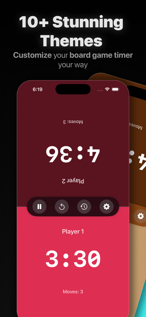 Chess Timer & Clock - Mobile app interface showing various colorful themes for a two-player chess timer