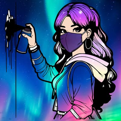 realistic girl with mask spray painting a wall