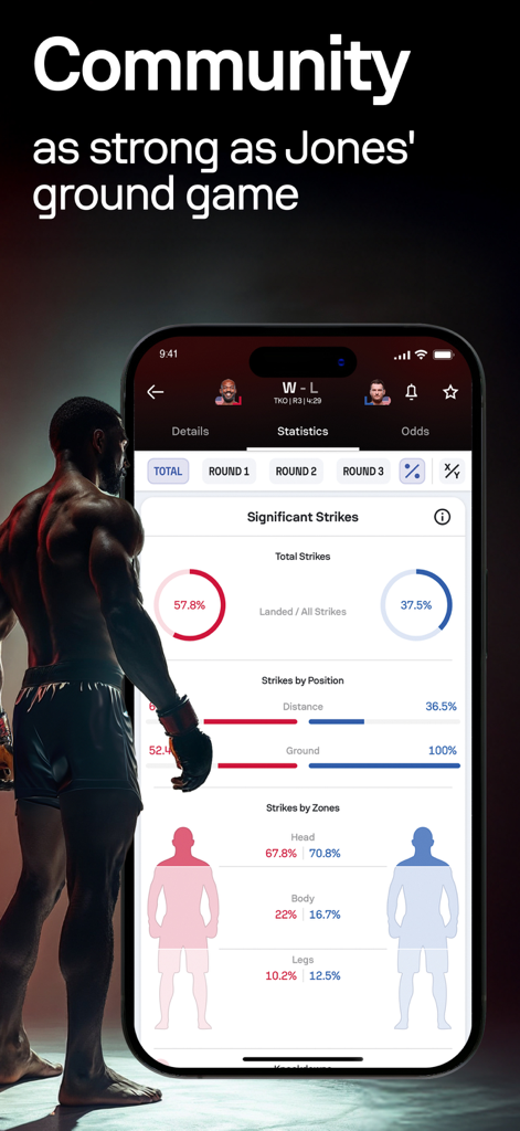Sofascore: Live Sports Scores - Sofascoreアプリで詳細なMMAの打撃統計とファイター分析を表示しているモバイル画面