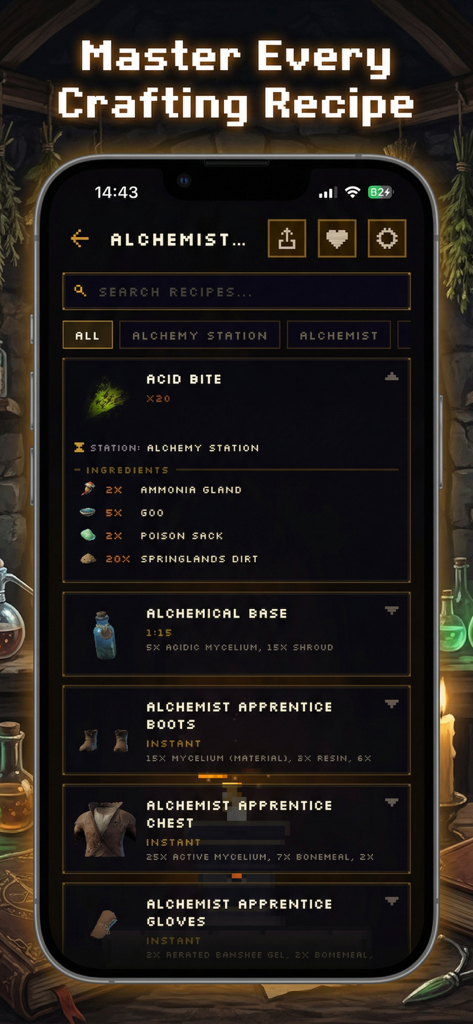 Companion for Enshrouded - Una pantalla de aplicación móvil que muestra una lista de recetas de artesanía de alquimista e ingredientes para el juego Enshrouded.