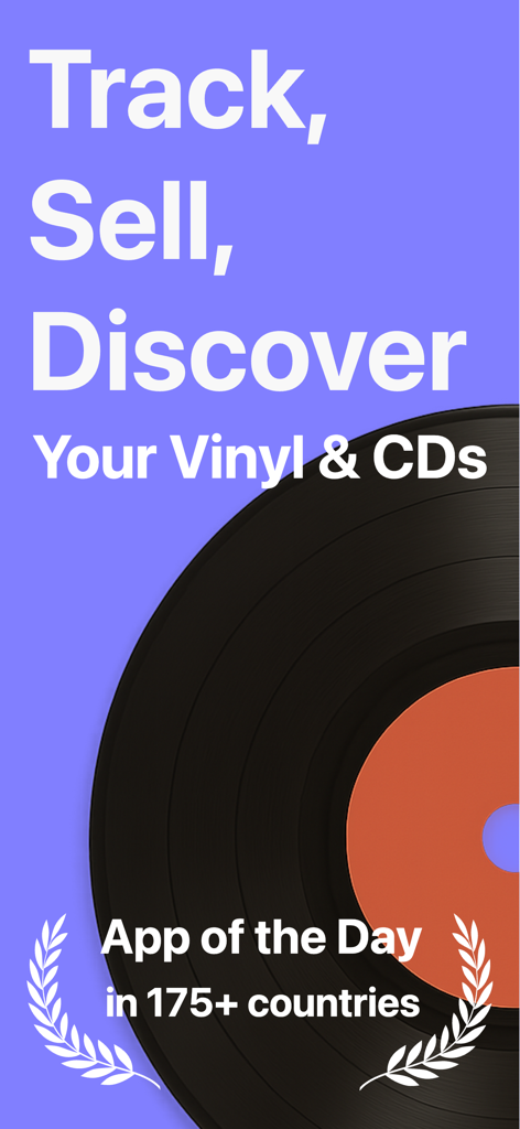 VinylBox 앱 홍보 화면: 바이닐 레코드 및 CD 추적, 판매, 발견