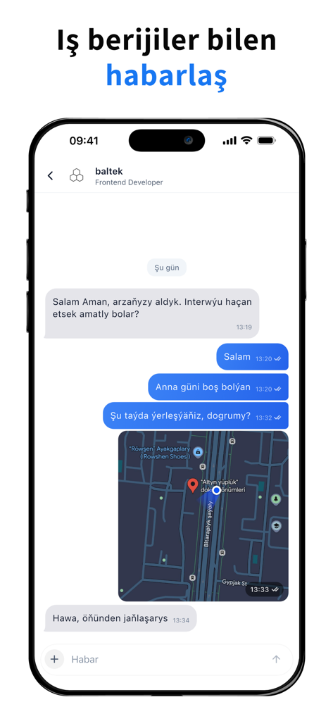 asman: Iş Tap - Interface de mensagens no aplicativo mostrando uma conversa entre um candidato e um empregador com um local compartilhado no mapa