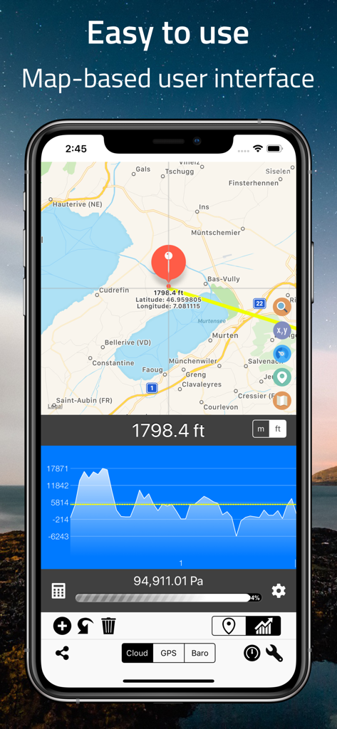 Elevation - Altimeter Map - Captura de tela do aplicativo Elevation Altimeter Map mostrando uma interface de mapa com dados de altitude e um gráfico de perfil de terreno