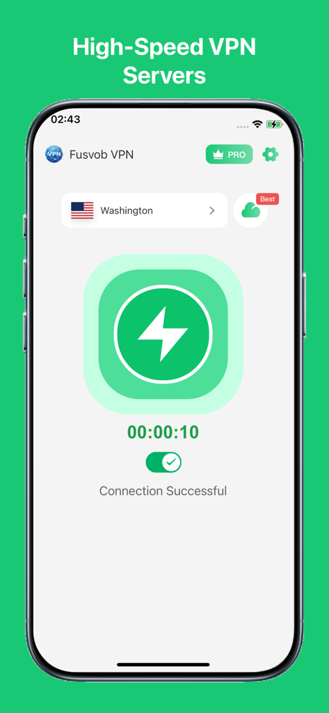 Fusvob VPN : Super VPN 2026⁺ - Fusvob VPN app interface showing a successful connection to a high speed server in Washington