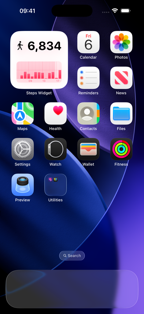 Steps Widget - Walking Tracker - Pantalla de inicio del iPhone con un widget de pasos minimalista que muestra 6.834 pasos diarios y un gráfico de barras de actividad.