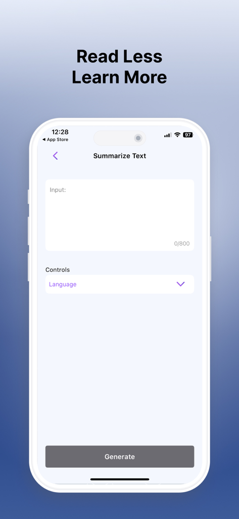 입력 필드와 생성 버튼이 있는 텍스트 요약 기능이 있는 수학 문제 풀이 앱의 사용자 인터페이스