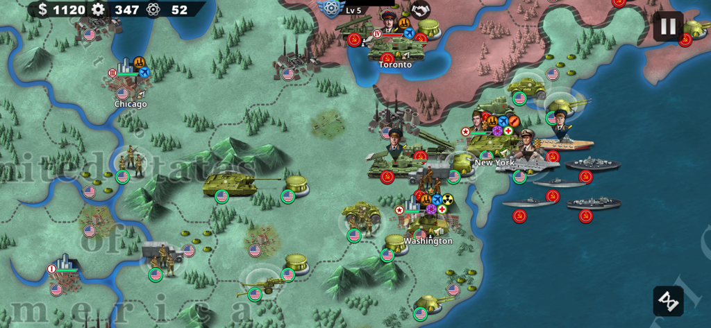 World Conqueror 4 gameplay screenshot showing military units on a map of the Eastern United States