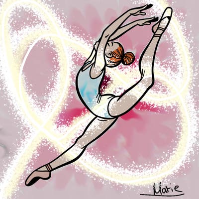 gymnast doing a leap in a leotard with a bent back leg