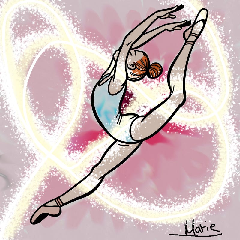 gymnast doing a leap in a leotard with a bent back leg