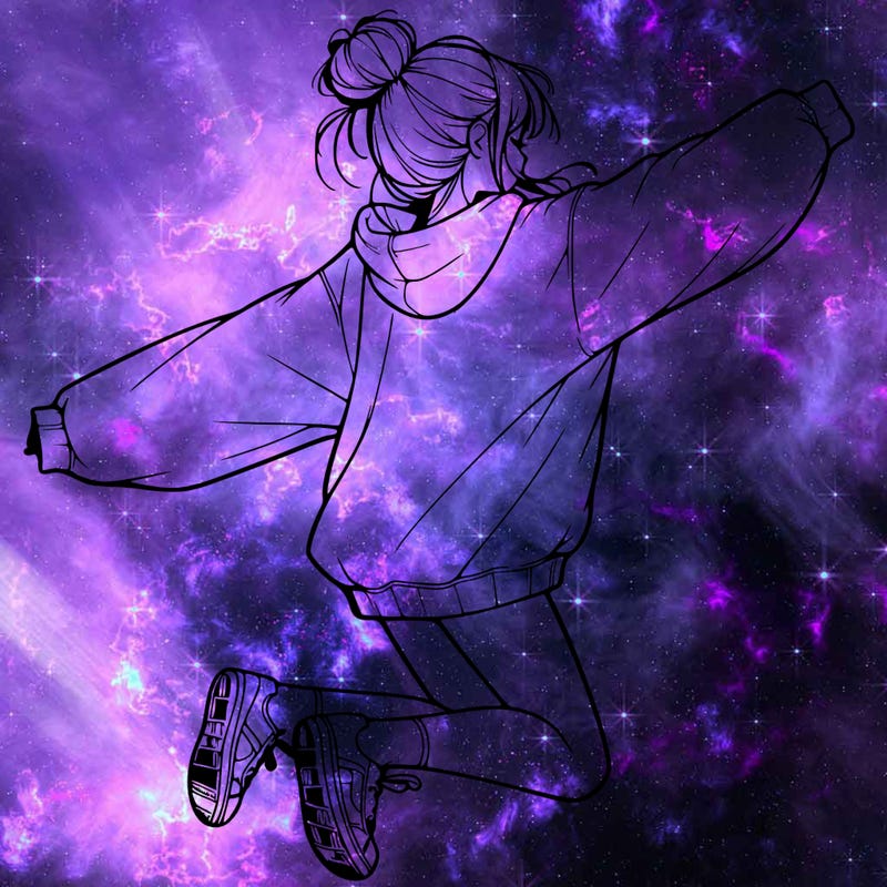 realistic girl jumping with a bun and oversized sweatshirt