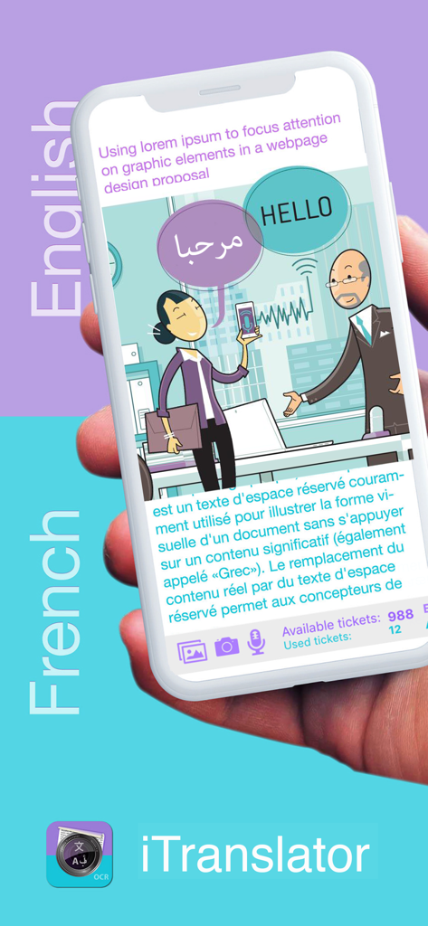 iTranslator - Photo To Text - A smartphone displaying the iTranslator app interface showing text and voice translation between English French and Arabic