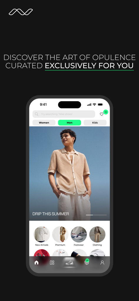 Interfaccia dell'app Nejree che mostra la collezione streetwear estiva da uomo con categorie per calzature e abbigliamento premium
