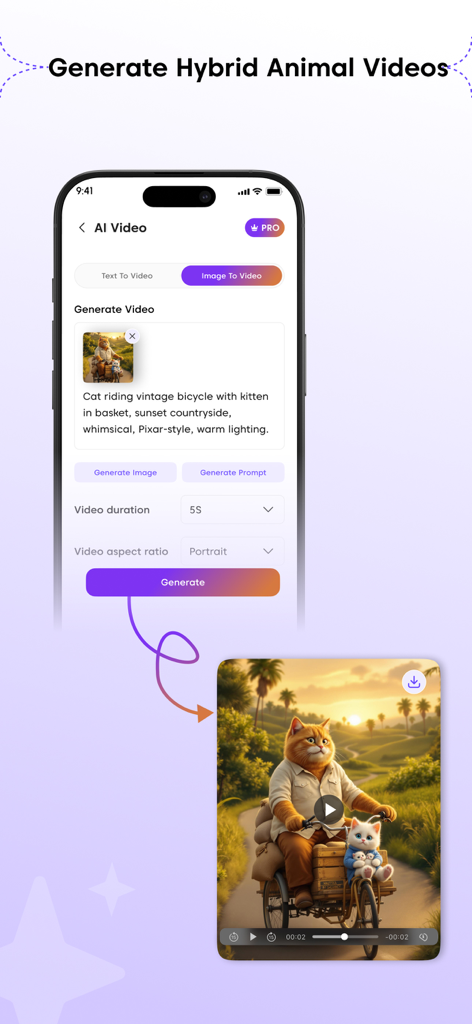 Voops AI:Image & Video Creator - Interfaz de la aplicación Voops AI que muestra una herramienta de generación de imagen a vídeo con una indicación para un gato montando en bicicleta.