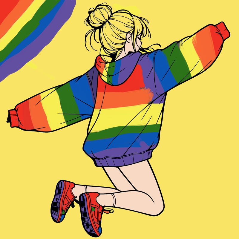 realistic girl jumping with a bun and oversized sweatshirt